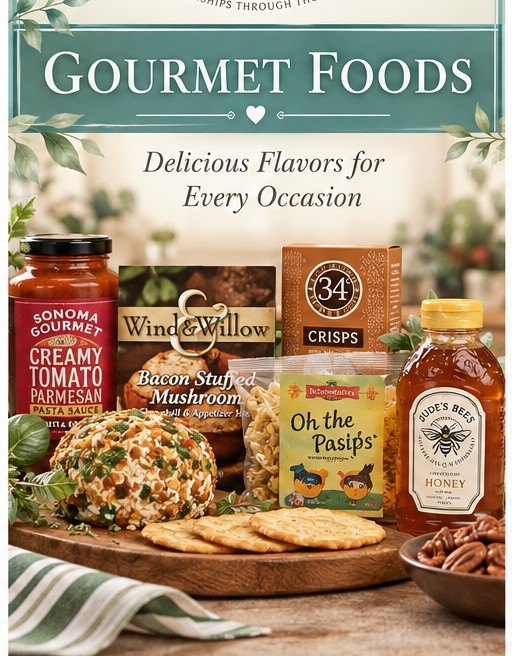 Gourmet foods: pasta sauce, a cheese ball, crackers, pecans and honey