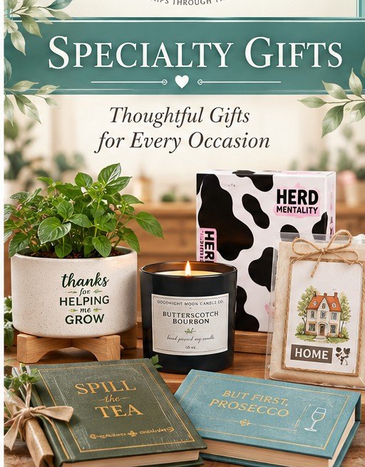 Specialty gifts: a planter, a candle, a card game and books